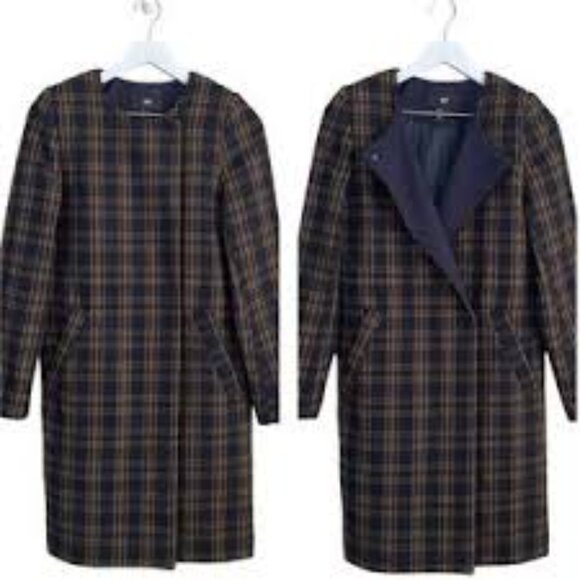 H&M Jackets & Blazers - H&M Dark Tan and Navy Plaid Wool Blend Coat Women’s Sz 10 US 40 Euro Collarless